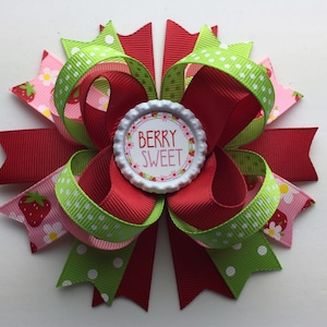 Berry Sweet Strawberry Hair Bow | 5-Inch Boutique Bow Clip in Red, White, Pink & Green Grosgrain Ribbon
