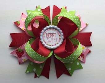 Strawberry Hair Bow , Berry Sweet Strawberry 5 Inch Boutique Hair Bow Clip in Red White Pink and Green Grosgrain Ribbon