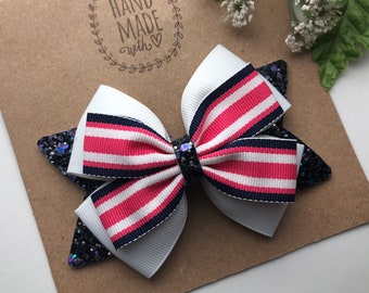 Pink White and Navy Blue Hair Bow | Navy and Pink Hair Bow | Glitter Hair Bow | 4” Hair Bows for Girls | Pink and Navy Bow