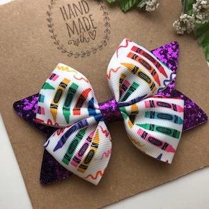 Back to School Glitter Hair Bow , Cute Crayon Hair Clip , Hair accessories for Girls , 4” Bow