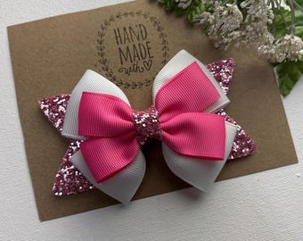 Pink & White Glitter Hair Bow – 4” Boutique Hair Clip for Girls