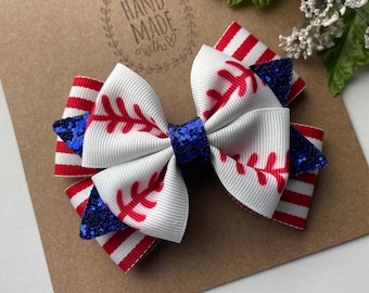 Baseball Hair Bow , Red White and Blue , 4” Baseball HairBow , Glitter Hair Clip , 4” Glitter  Baseball Bow