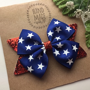 Glitter 4th of July Hair Bow , Memorial Day Hair Bow , Red White and Blue Hair Bow , Patriotic 4 inch 4th of July Hair Bow Clip