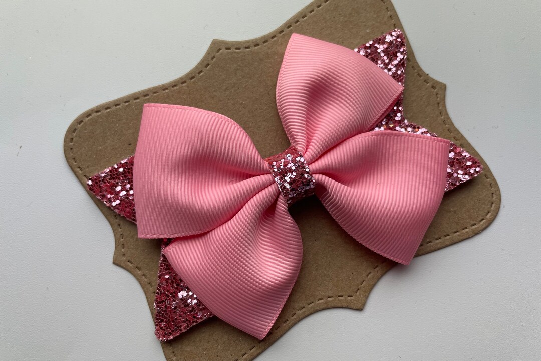 Pink Glitter 4 Inch Hair Bow , Pink Hair Clip for Girls, Easter Hair