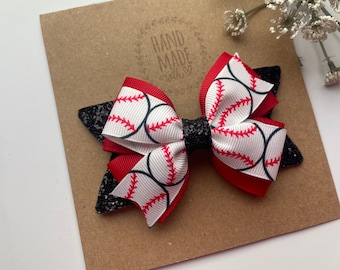Baseball Hair Bow , 4” Red Black and White Baseball Hair Clip