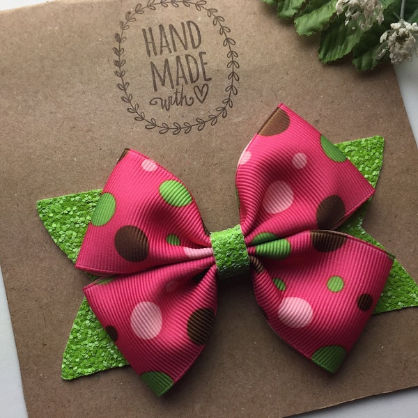 Pink Lime and Brown Hair bow , Boutique's polka dot hair bow , Polka Dot Hair Bow , Cute Glitter 4" Polka Dot Hair Bow for Girls