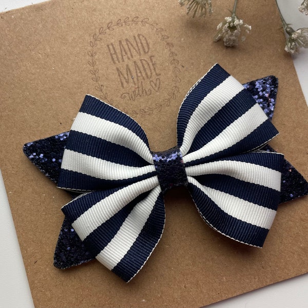 Navy Blue Striped Hair Bow , 4” Beach Hair Clip, Girls Hair Accessories