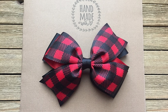 4.5”Handmade Buffalo Plaid //Red Black Christmas Holiday Boutique Hair Bow