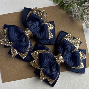 Navy and Gold Pigtail Hair Bows ,Piggy Bows , Navy  Hair Bows , Bows for Girls , Glitter Bows , Set of two Hair Bows