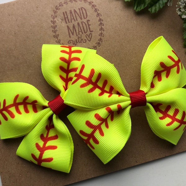 Softball Pigtail Hair Bows  , Set of Two 3 Inch  Hair  Bows  , Pigtail Hair  Bows , Softball Hair Bows , Softball Bows