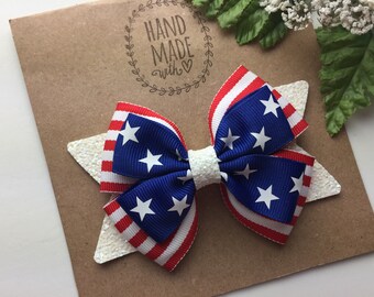 4th of July Hair Bow , Patriotic Red White and Blue Hair Bow ,  4 Inch Stars and Stripes Hair Bow ,   Fourth of July Hair Bow