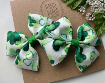 Watercolor Clover Pigtail Hair Bows , Set of two 3 Inch St. Patrick’s Day Bows , Green St. Patty’s Hair Bows , Green Hair Bows , Set of 2