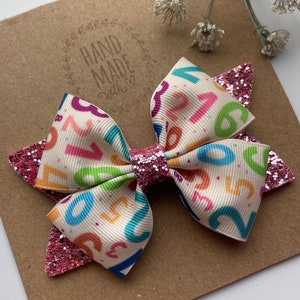 Back to School Hair Bow – 4” Numbers Glitter Hair Clip for Girls