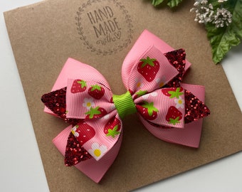 Strawberry Hair Bow Clip ,  Glitter Hair Bow , Spring Hair Bow , 3.5” Strawberry  Bow , Strawberry Hair Clip , Hair Bows for Girls
