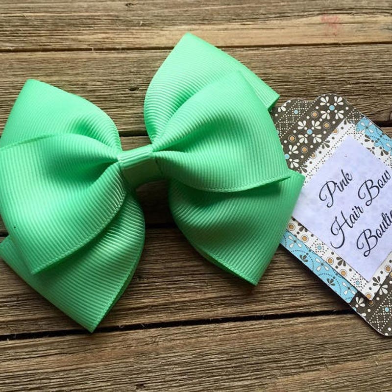 Personalized Hair Bow - Mint Green with White Trim