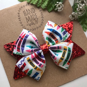 School Hair Bow , Colorful Crayon Girls Hair Accessories, Back to School 4” Red Glitter Hair Clip