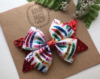 Crayon Hair Bow, Red Glitter Clip, Back to School