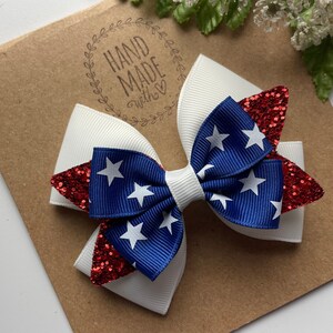 Glitter 4th of July Hair Bow , Star Patriotic Hair Bow , Red White and Blue Hair Bow