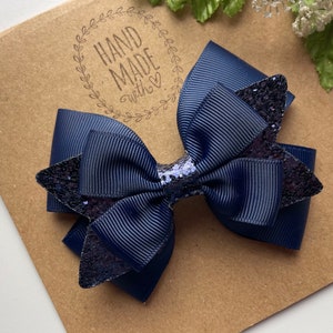 Navy Blue 4” stacked glitter Hair Bow on Alligator Clip
