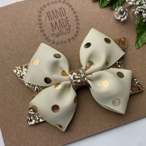 Ivory and Gold Hair Bow , Ivory Hair Bow ,  Fall Glitter Hair Bow , 4” Ivory and Gold Foil Glitter Boutique Hair Bow Clip , Ivory Bow