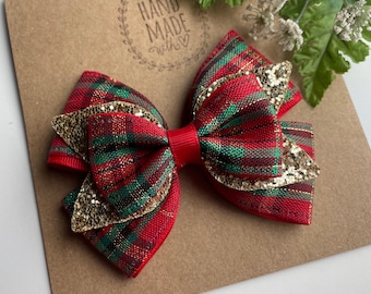 Christmas Plaid HAIR BOW or HEADBAND , Christmas Hair Clip , Christmas Glitter bows for Girls , 4&quot; Christmas Bow in Red Green and Gold