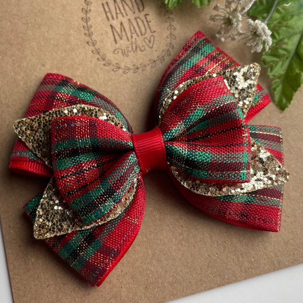Christmas Plaid Hair Bow , Christmas Hair Clip , Christmas Glitter bows for Girls , 4" Christmas Hair Bow Hair Clip Red Green and Gold