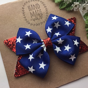 Glitter 4th of July Hair Bow , Memorial Day Hair Bow , Red White and Blue Hair Bow , Patriotic 4 inch 4th of July Hair Bow Clip