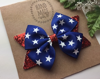 Glitter 4th of July Hair Bow , Memorial Day Hair Bow , Red White and Blue Hair Bow , Patriotic 4 inch 4th of July Hair Bow Clip