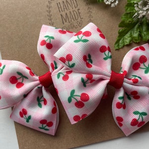 Cherry Pigtail Hair Bows , Set of Two 3 Inch Pink Gingham Hair Clips , Girls Hair Accessories