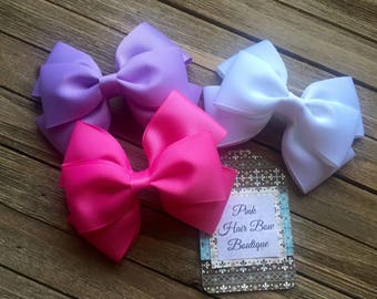 Boutique Hair Bow Set ,  Pink Lavender White , Set of 3 Boutique Hair Bows , Boutique Hair Bow set , Hair Clip Set , Spring Hair Bow Set