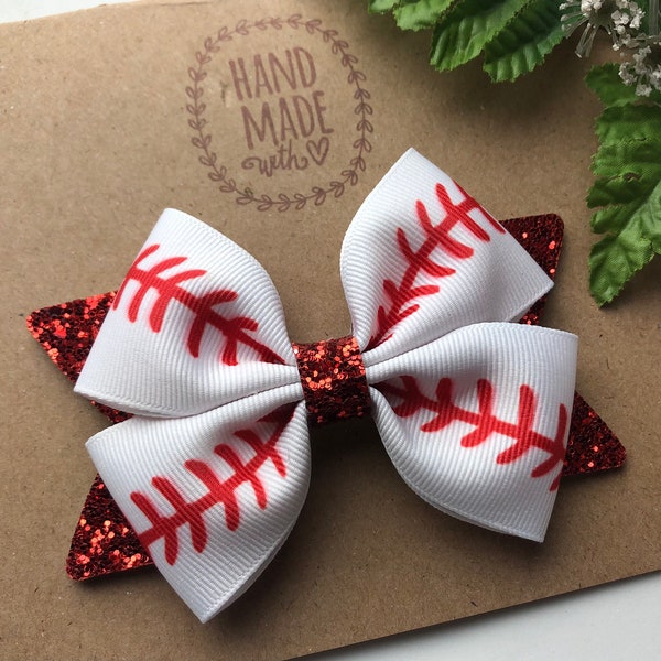 4” Baseball Hair Bow , Glitter Baseball Bow , Baseball Hair Clip ,  Baseball  HairBow , Boys of Summer , Baseball Stitch Bow