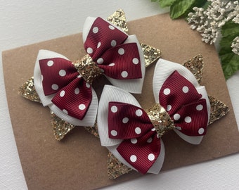 3” Maroon Christmas Glitter Pigtail Hair Bows , Maroon White Gold  Christmas  Hair Clips ,  Holiday Hair Bows