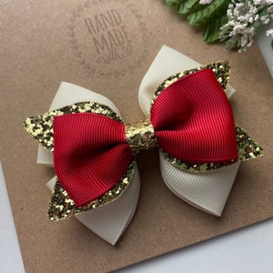 Red Gold and Ivory Glitter Hair Bow, 3.5” or 4.5” Valentine’s Day Hair Bow , layered Hair Bow , Hair Clip , Glitter Hair Bows for Girls