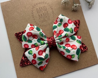 Noeud pour cheveux cerise, barrette à cheveux scintillante rouge, vert et blanc, accessoires pour fille
