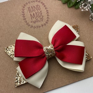 Ivory Red and Gold Christmas Hair Bow , Christmas Hair Clip , Christmas  bow for Girls , 4" Christmas  Bow , Holiday Hair Bow