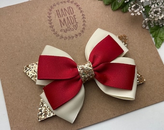 Ivory Red and Gold Christmas Hair Bow , Christmas Hair Clip , Christmas  bow for Girls , 4" Christmas  Bow , Holiday Hair Bow