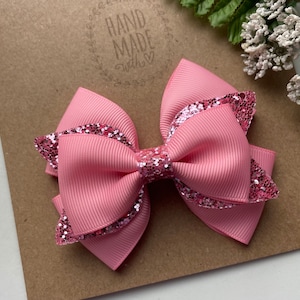 Pink Stacked Glitter Hair Bow , 3.5” or 4.4” Spring Hair Clip