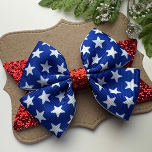 4th of July Glitter Hair Bow , Memorial Day Bow , Red White & Blue Hair Bow , Patriotic 4” 4th of July Hair Bow Clip