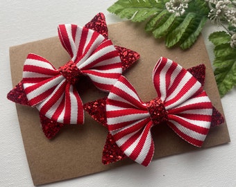 3” Red and White Christmas Glitter Pigtail Hair Bows , Red White Striped Christmas Hair Clips ,  Holiday Hair Bows