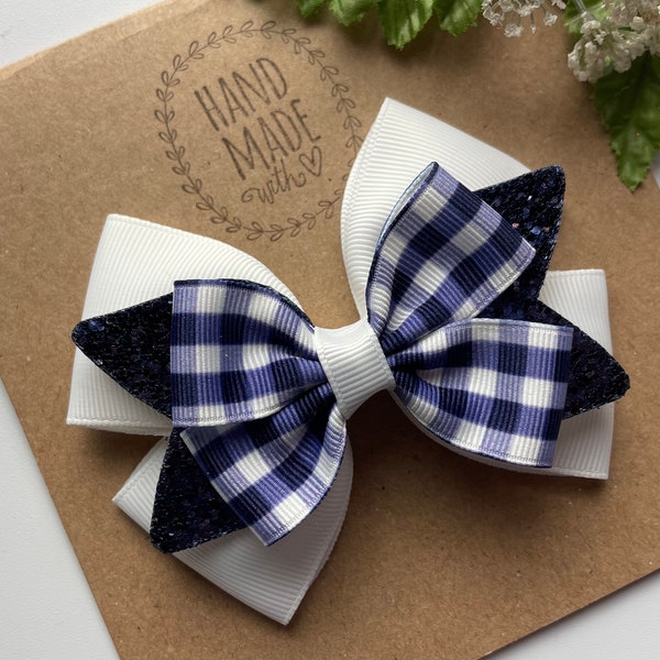 Gingham Blue and White Glitter Hair Bow , Navy Hair Bow , Navy Gingham Hair Clip , Accessories or Girls , Navy and White Bow