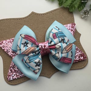 First Day of School Hair Bow – 4” Back to School Pencil Glitter Hair Accessory for Girls