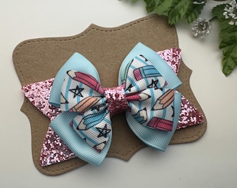 Pencil Glitter Hair Bow – Back to School Accessory, 4” Clip