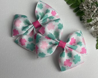 Clover Pigtail Hair Bows , Pink Green and White 3 Inch St. Patrick’s Day Bows  , Set of 2