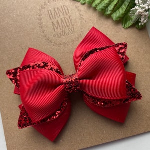 Red Glitter Hair Bow for Girls, 3.5” or 4.5” Hair Clip