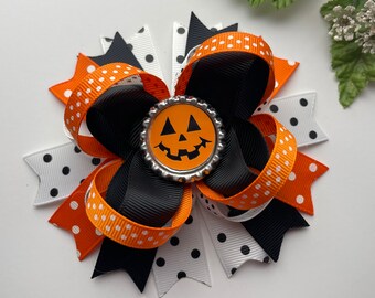 Halloween Hair Bow , Jack-o-lantern Hair Bow , Halloween Hair Clip ,  Pumpkin Hair Bow , 5 inch Boutique Hair Bow