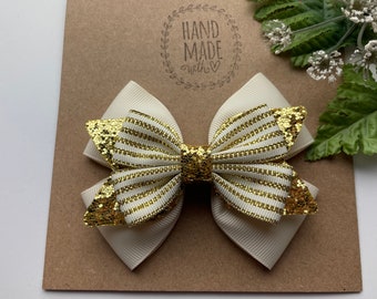 Ivory and Gold Glitter Striped Christmas Hair Bow , Christmas Hair Clip , Christmas  bow for Girls , 4" Christmas  Bow , Holiday Hair Bow