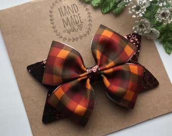 Fall Plaid Hair Bow , Thanksgiving Hair Bow , Fall Harvest Glitter 4 Inch Bow for Girls ,Thanksgiving Glitter Hair Bow