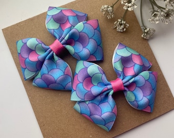 Mermaid Pigtail Hair Bows , Set of Two 3” Hair Clips for Pigtails