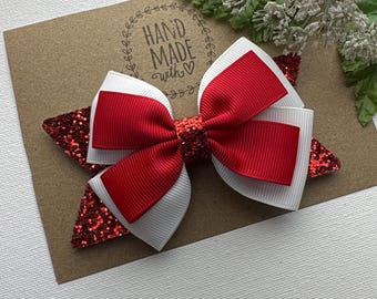 Holiday Red Hair Bow, Rhinestone Barrette, Christmas Hair  display picture 2