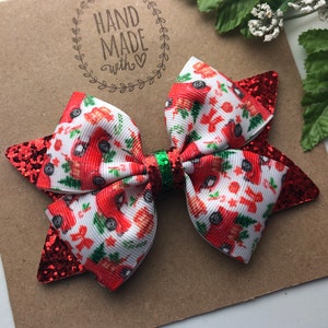 Red Truck Christmas Hair Bow , Holiday Hair Clip , Glitter 4” Hair Bow ,  Christmas Glitter Bow , Holiday Hair Bow Hair Clip